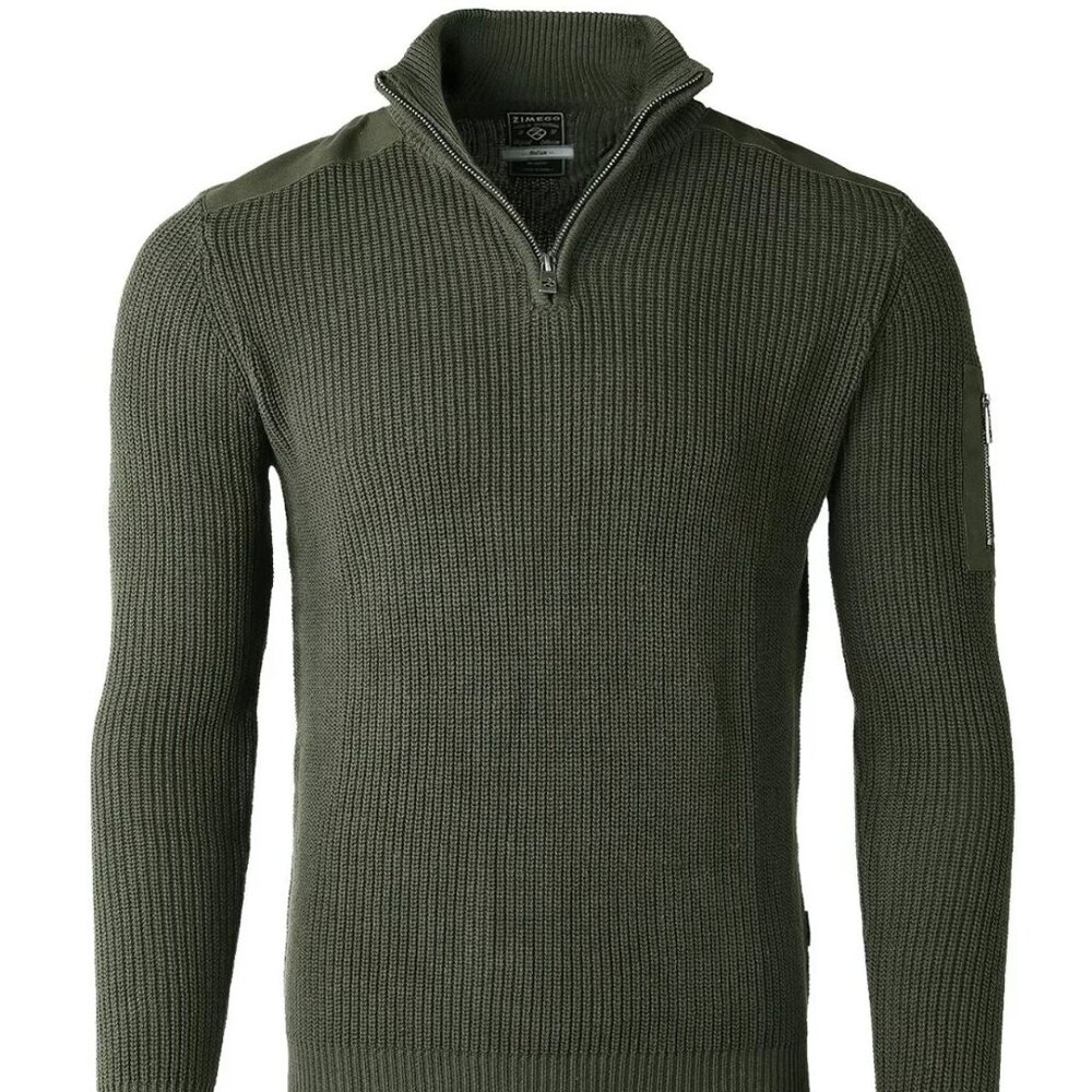 Zimego Mens Olive‎ Green Ribbed Quarter Zip Sweater With Shoulder pocket